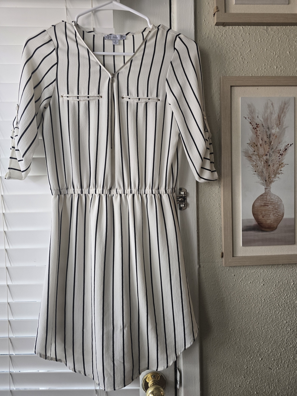 iris White and Black Vertical Stripe Midi Dress